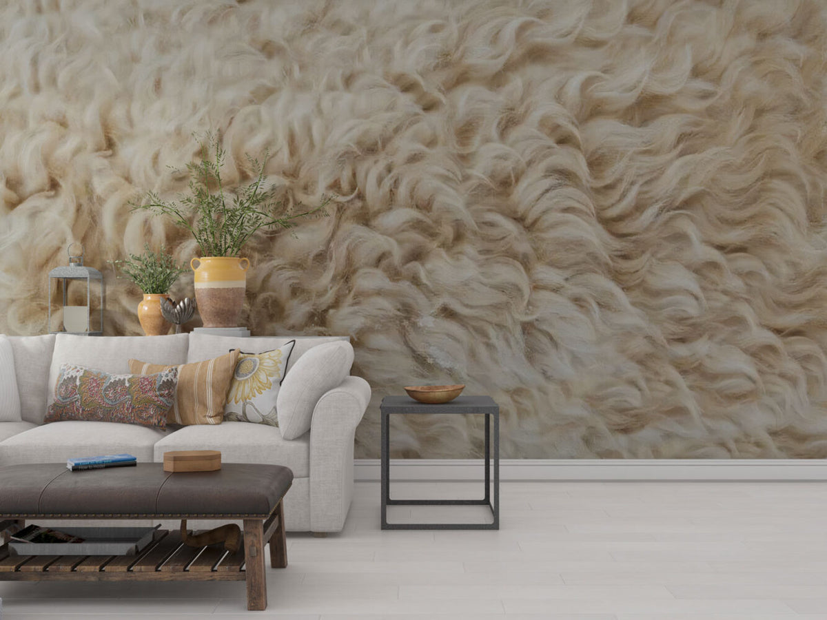 Sheepskin Texture Wallpaper : Cream Wool Fur Mural - View 2