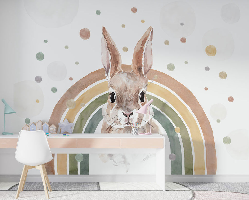 Bunny Rainbow Wallpaper : Watercolor Rabbit Nursery Mural - View 2