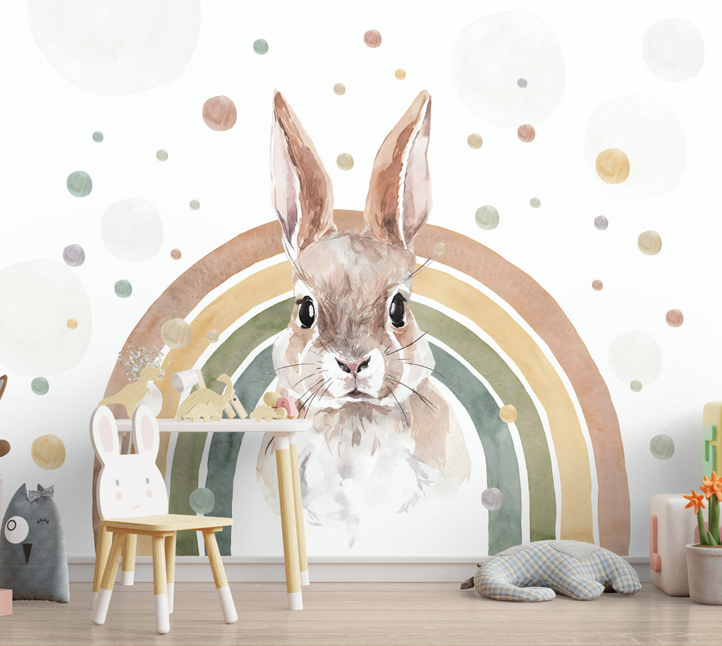 Bunny Rainbow Wallpaper : Watercolor Rabbit Nursery Mural