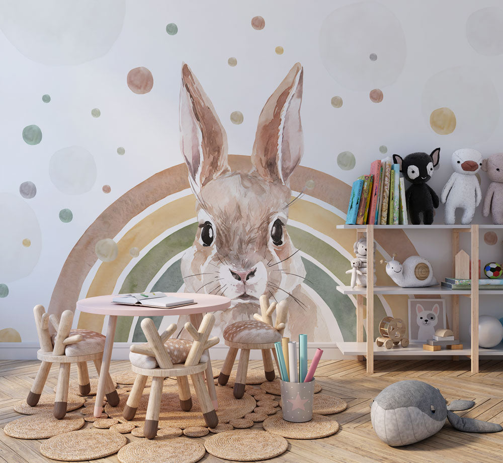 Bunny Rainbow Wallpaper : Watercolor Rabbit Nursery Mural - View 3