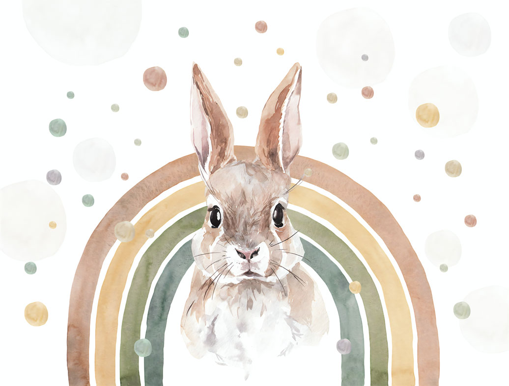 Bunny Rainbow Wallpaper : Watercolor Rabbit Nursery Mural - flat design