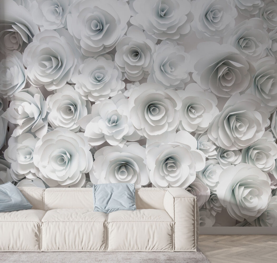 3D White Rose Wallpaper : Paper Flower Wall Mural