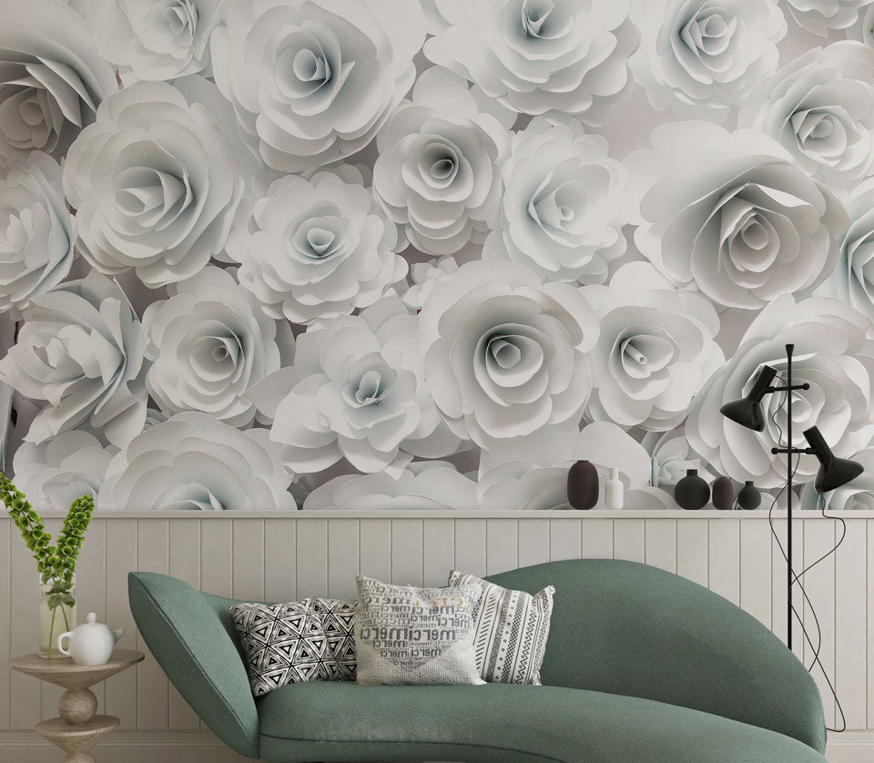 3D White Rose Wallpaper : Paper Flower Wall Mural - View 3