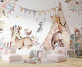 Boho Animal Tent Wallpaper : Raccoon, Giraffe and Flowers Kids Mural