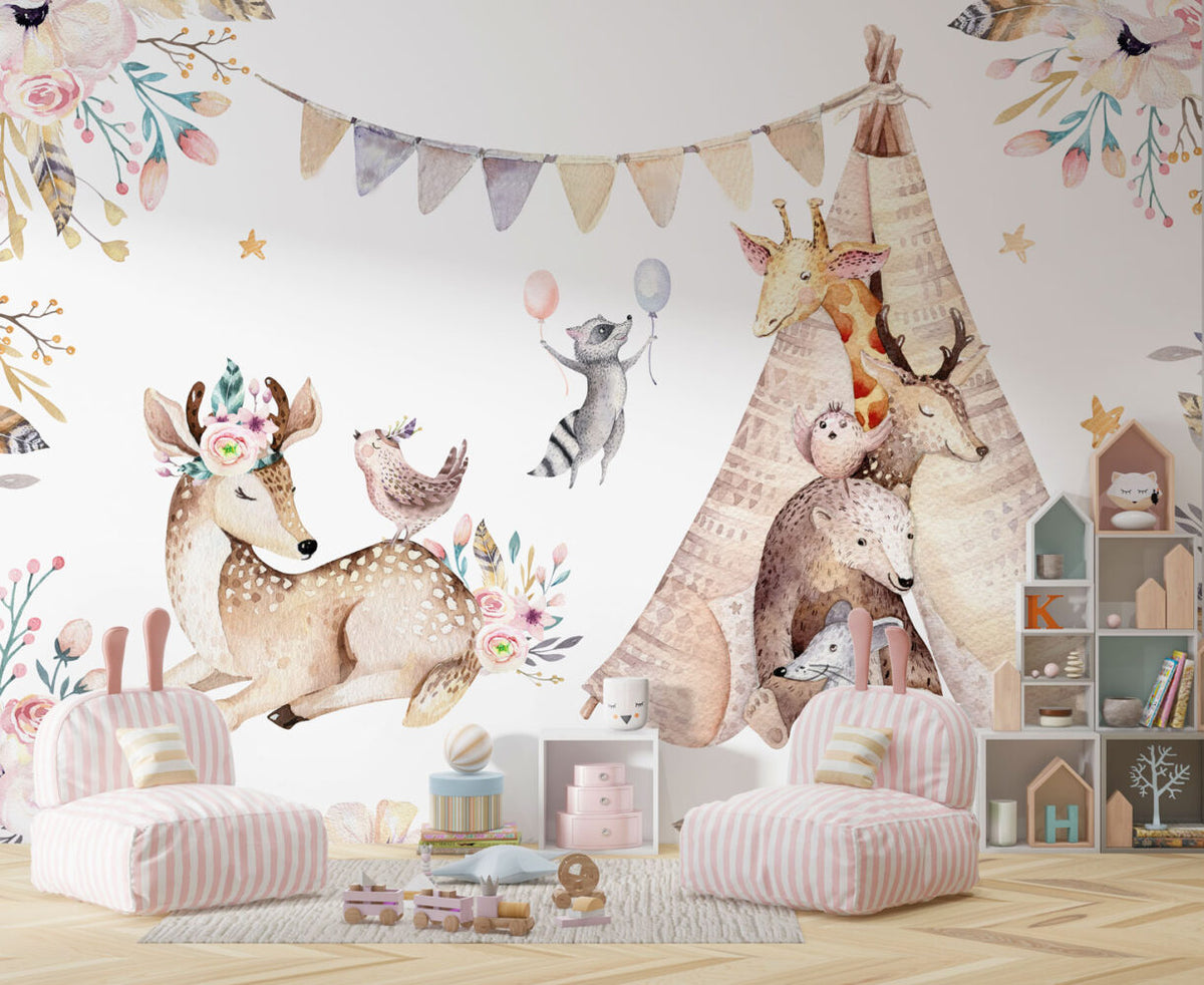 Boho Animal Tent Wallpaper : Raccoon, Giraffe and Flowers Kids Mural