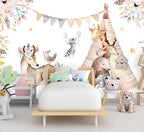 Boho Animal Tent Wallpaper : Raccoon, Giraffe and Flowers Kids Mural - View 2