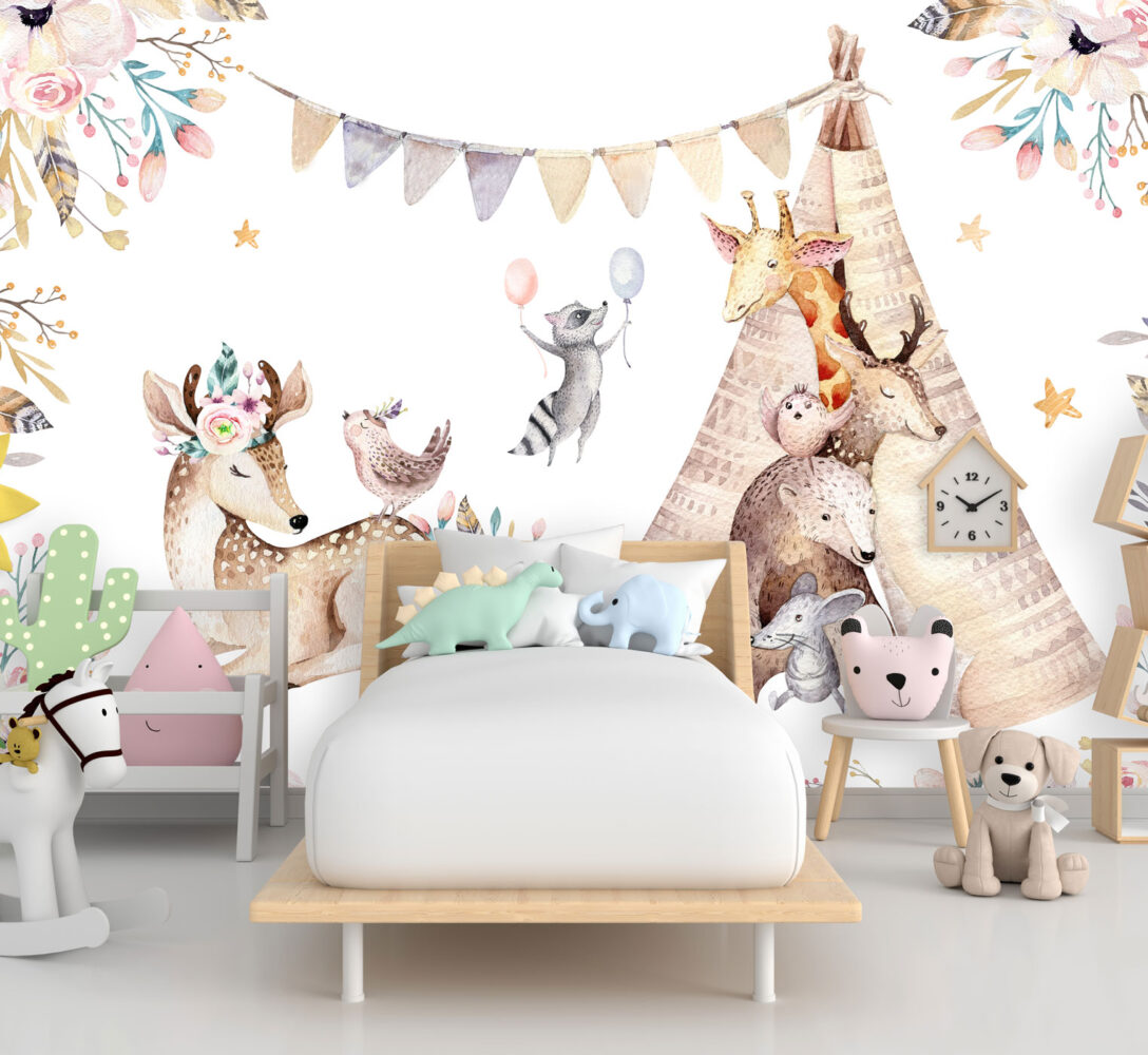 Boho Animal Tent Wallpaper : Raccoon, Giraffe and Flowers Kids Mural - View 2