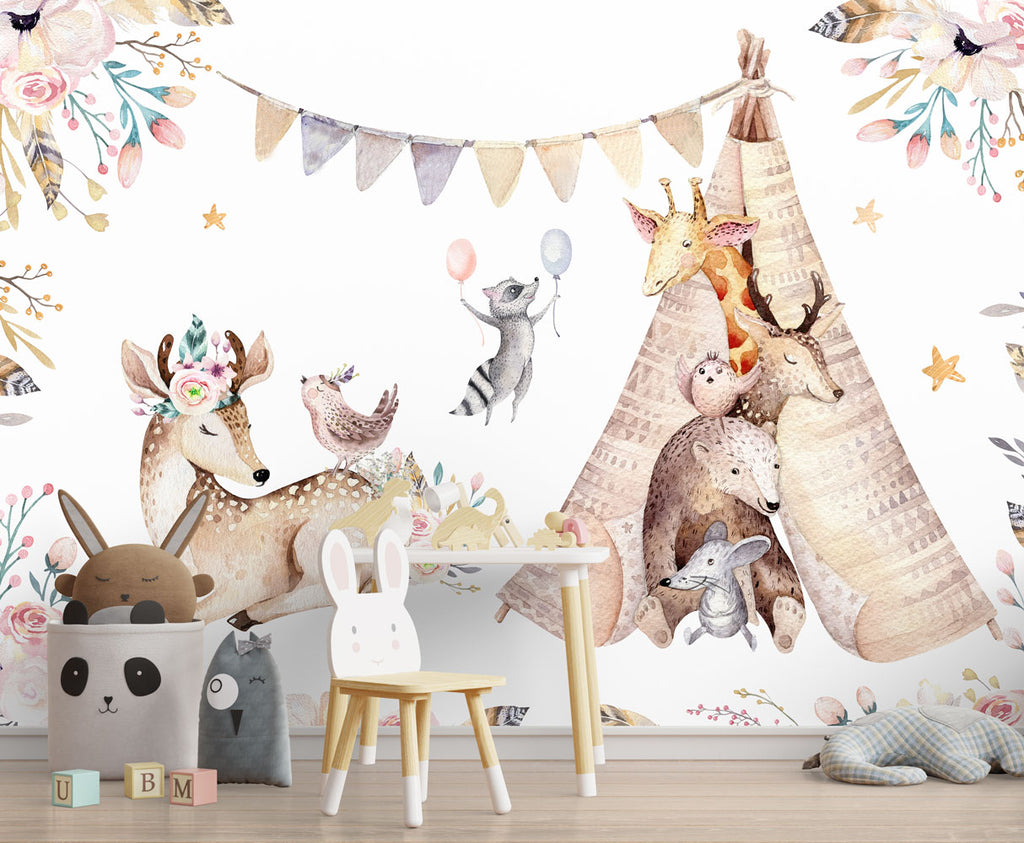 Boho Animal Tent Wallpaper : Raccoon, Giraffe and Flowers Kids Mural - View 3