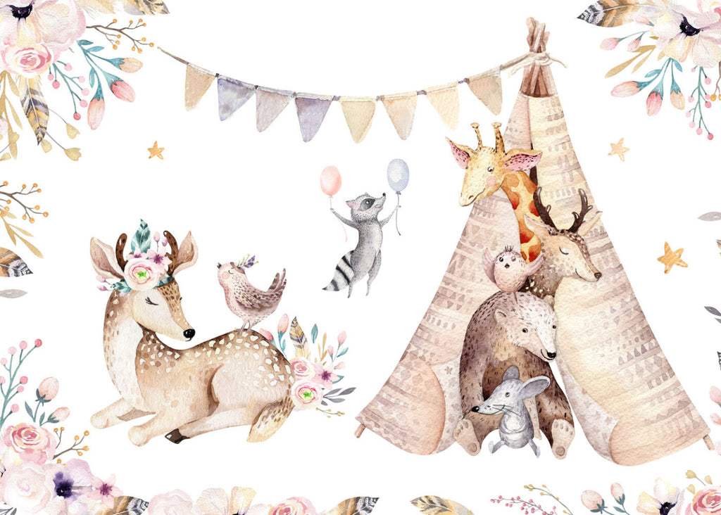 Boho Animal Tent Wallpaper : Raccoon, Giraffe and Flowers Kids Mural - flat design