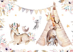 Boho Animal Tent Wallpaper : Raccoon, Giraffe and Flowers Kids Mural - flat design