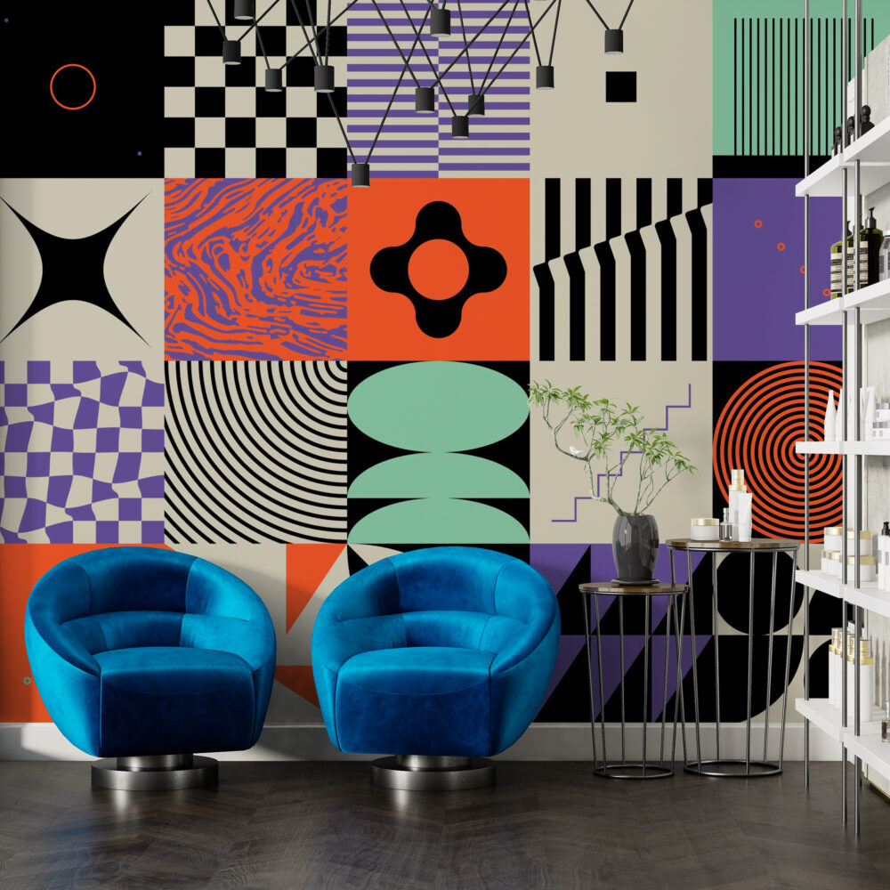 Colorful Geometric Wallpaper : Bold Mid-Century Shapes Mural - View 3