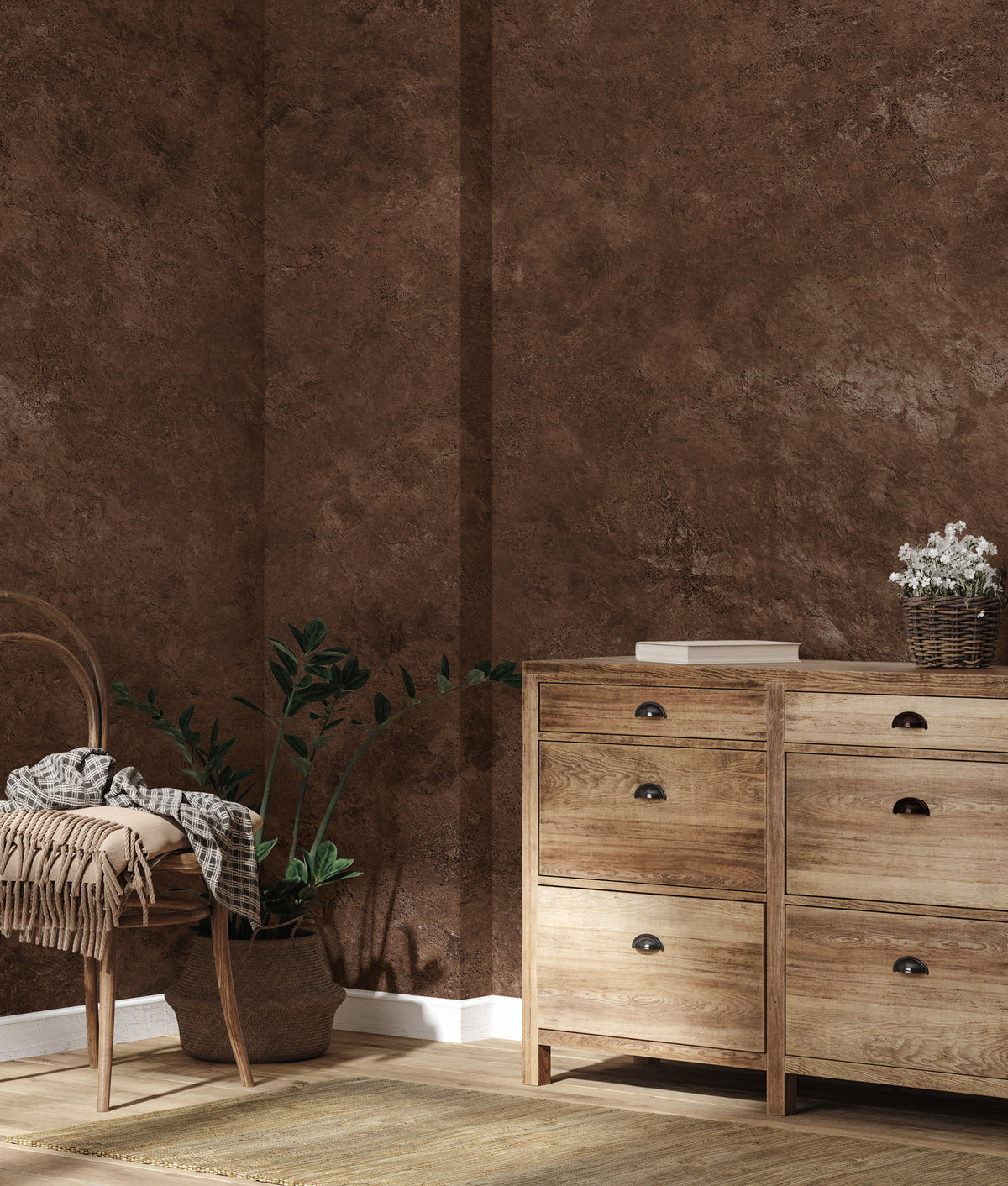 Chocolate Concrete Wallpaper : Warm Brown Plaster Texture Mural - View 4