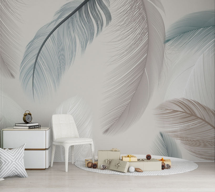 Soft Feather Wallpaper : Beige and White Plume Mural