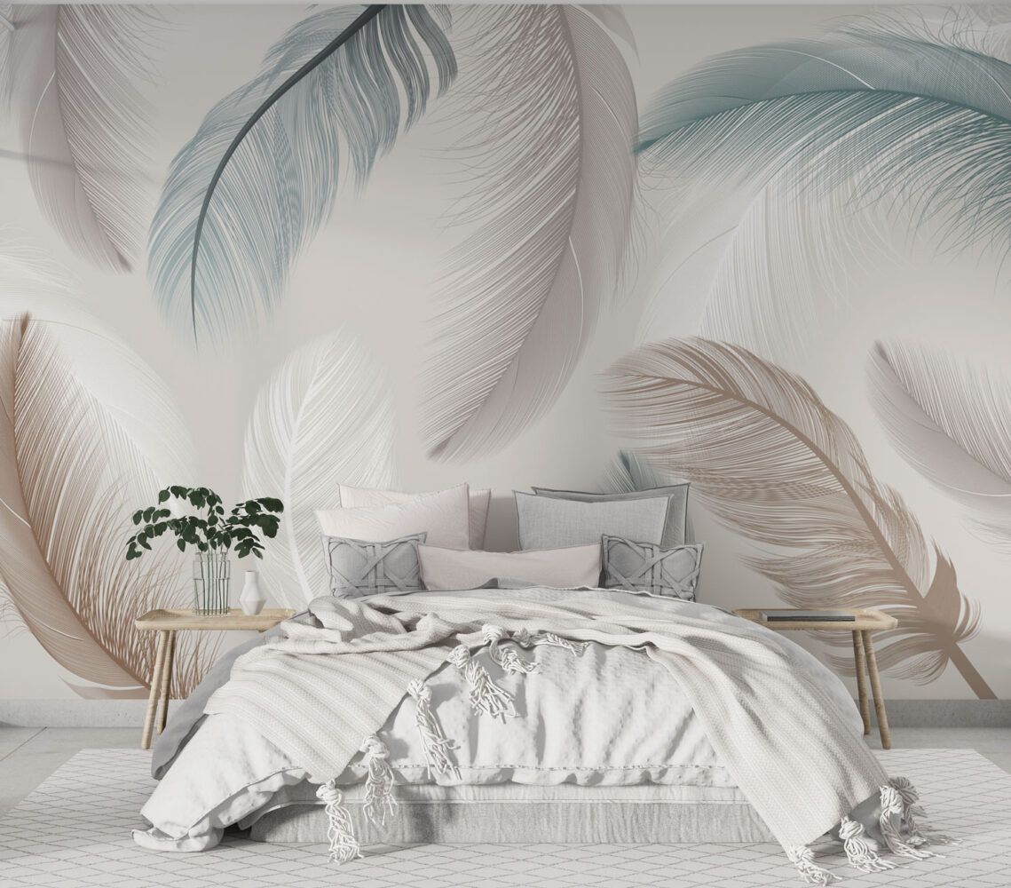 Soft Feather Wallpaper : Beige and White Plume Mural - View 2