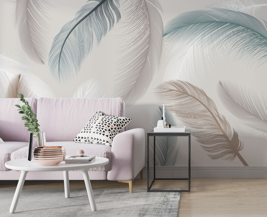 Soft Feather Wallpaper : Beige and White Plume Mural - View 3