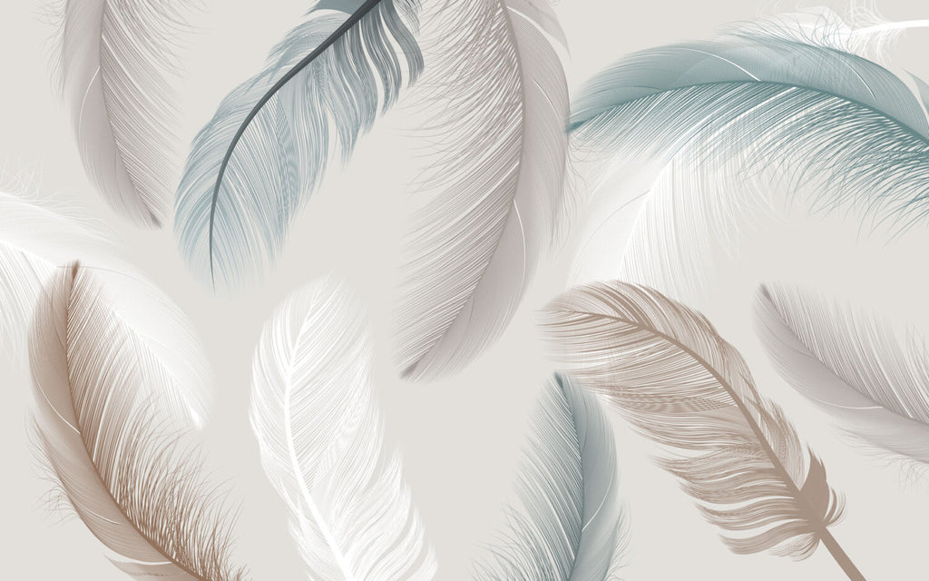 Soft Feather Wallpaper : Beige and White Plume Mural - flat design