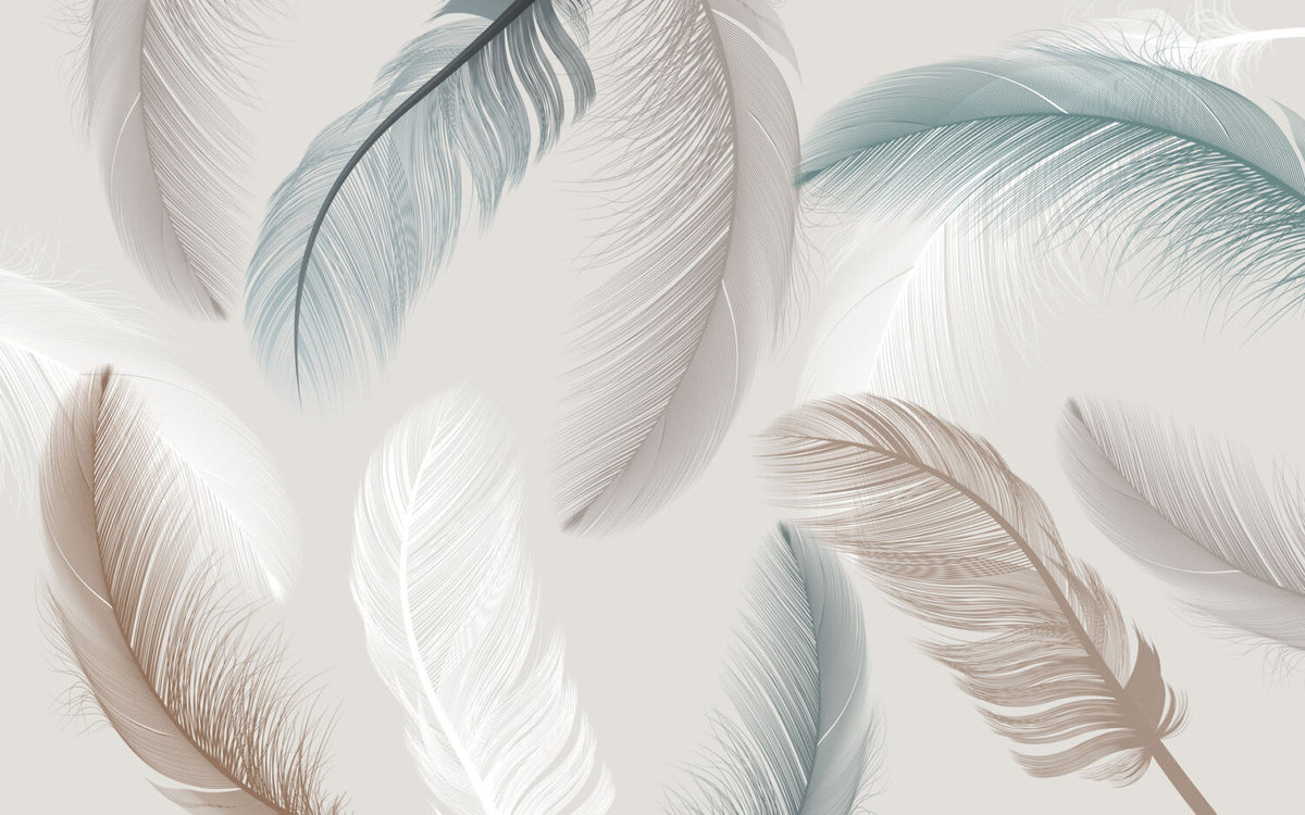 Soft Feather Wallpaper : Beige and White Plume Mural - flat design