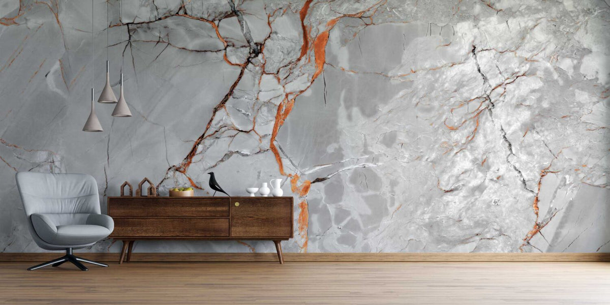 Orange Vein Marble Wallpaper : Grey Stone with Copper Mural - View 2