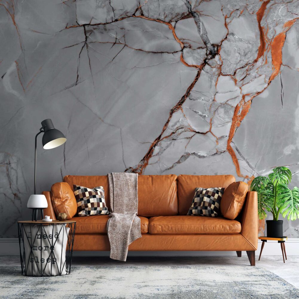 Orange Vein Marble Wallpaper : Grey Stone with Copper Mural