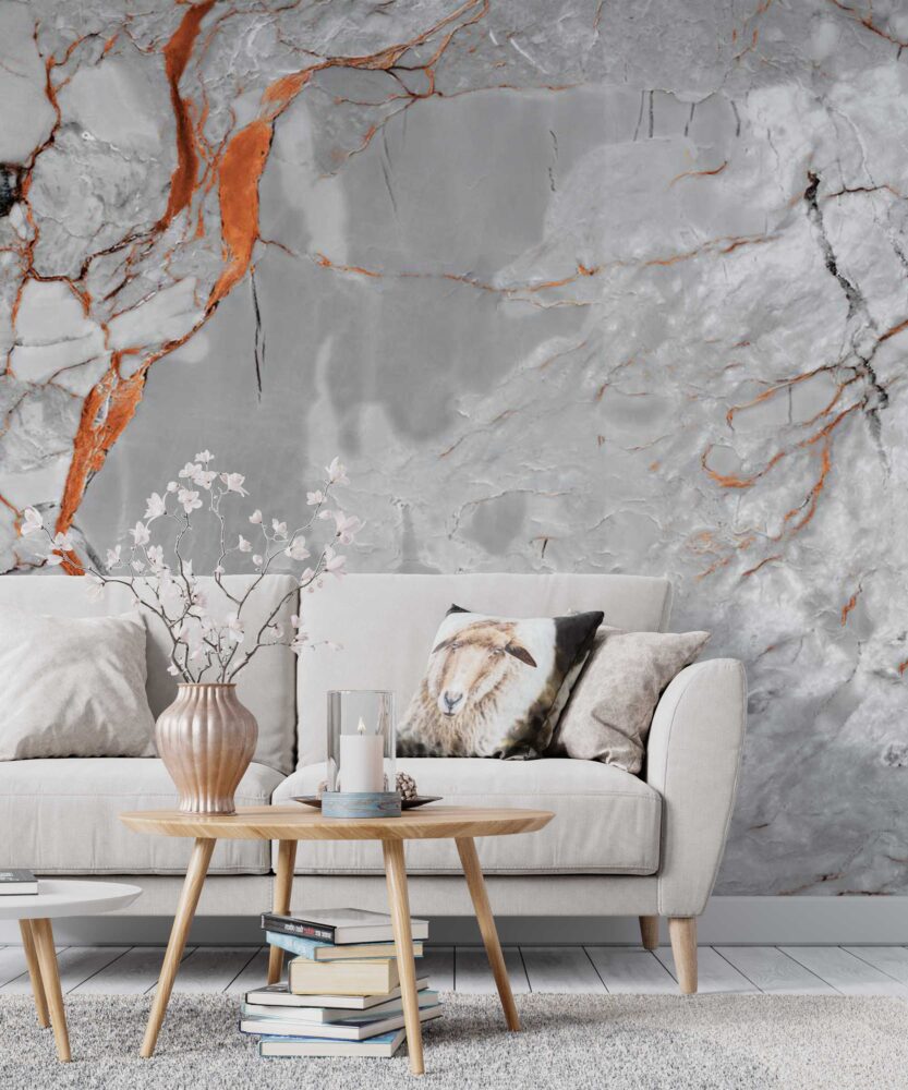 Orange Vein Marble Wallpaper : Grey Stone with Copper Mural - View 3