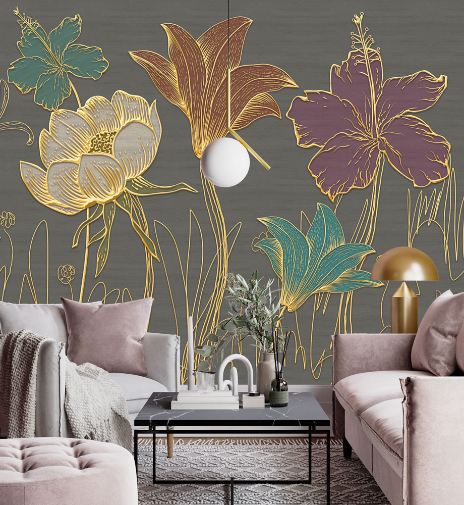 3D Gold Flower Wallpaper : Large Grey Lotus Relief Mural - View 2