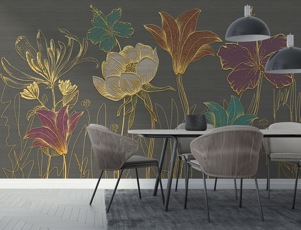 3D Gold Flower Wallpaper : Large Grey Lotus Relief Mural - View 3