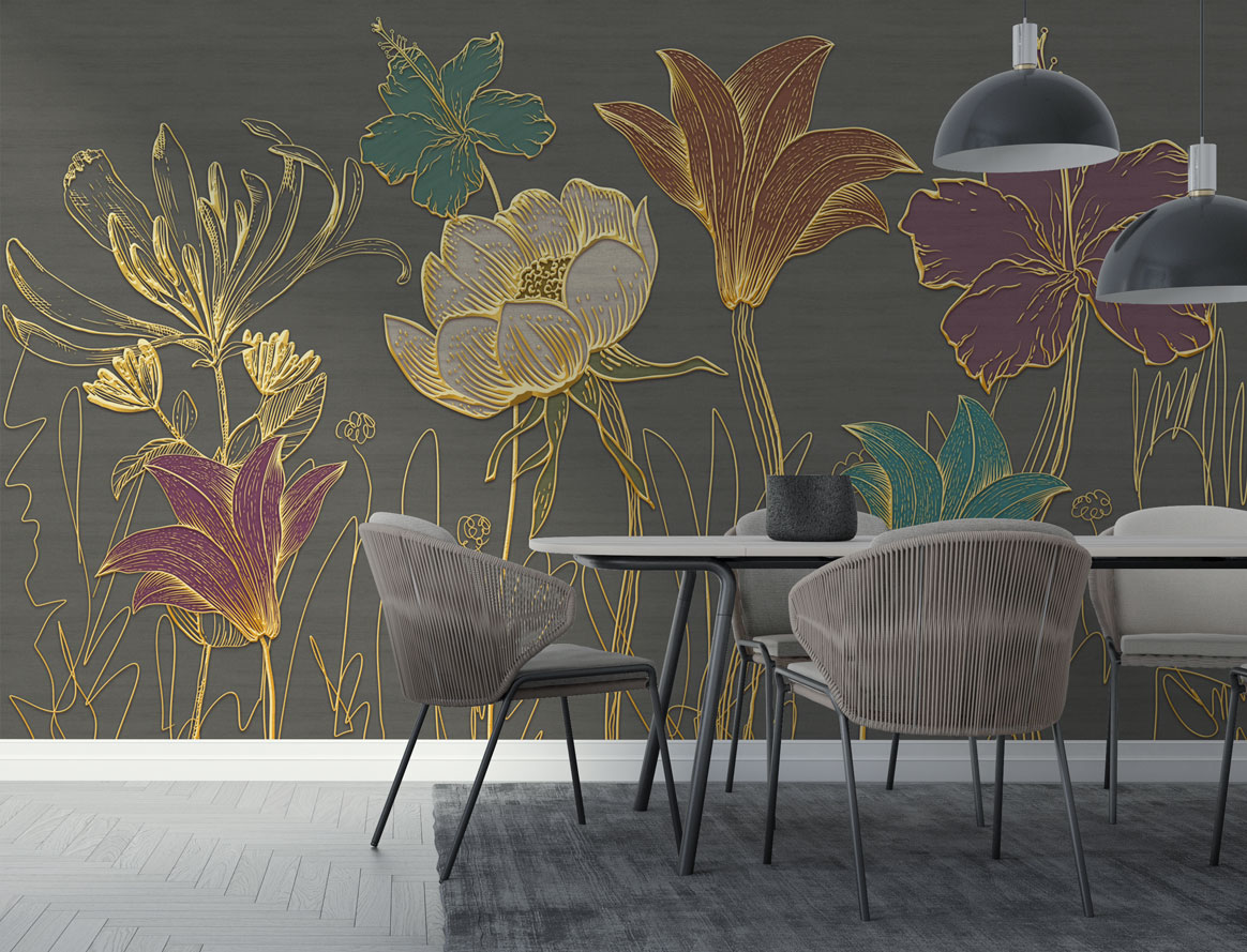 3D Gold Flower Wallpaper : Large Grey Lotus Relief Mural - View 3