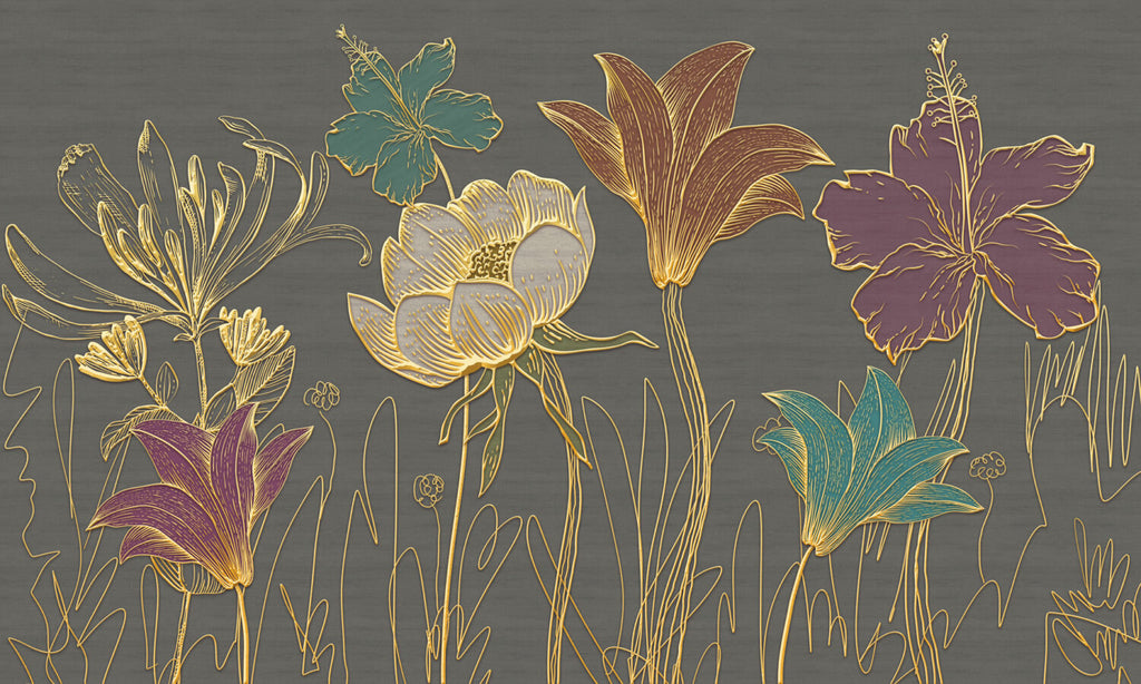 3D Gold Flower Wallpaper : Large Grey Lotus Relief Mural - flat design