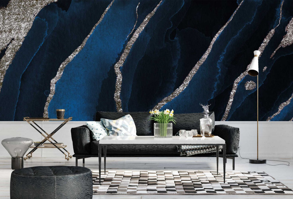 Navy Marble Wallpaper : Silver Glitter Vein Mural - View 4