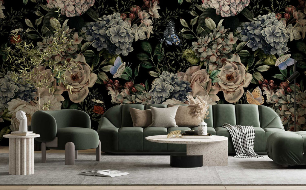 Dark Butterfly Rose Wallpaper : Moody Floral Mural