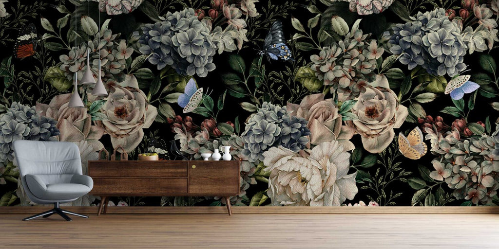 Dark Butterfly Rose Wallpaper : Moody Floral Mural - View 2