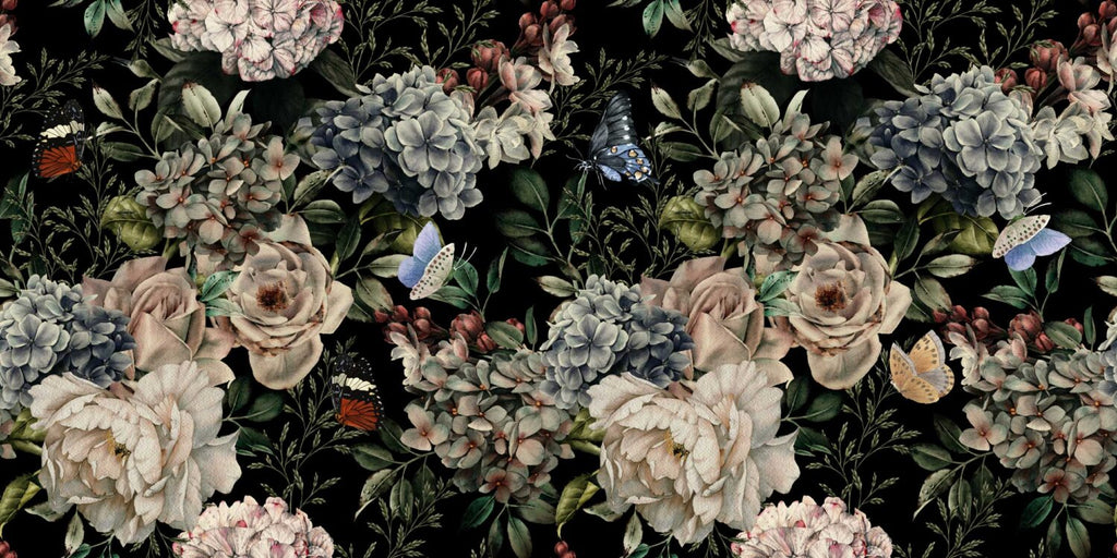 Dark Butterfly Rose Wallpaper : Moody Floral Mural - flat design