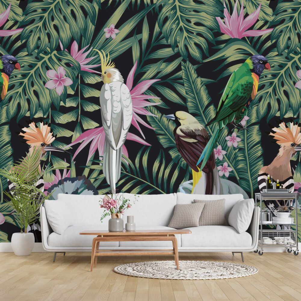 Tropical Bird 3D Wallpaper : Cockatoo and Palm Leaves on Black Mural