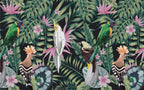 Tropical Bird 3D Wallpaper : Cockatoo and Palm Leaves on Black Mural - flat design