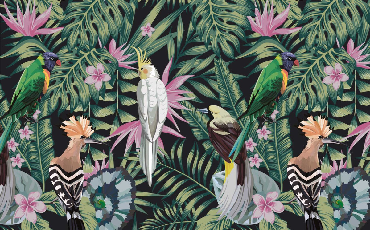 Tropical Bird 3D Wallpaper : Cockatoo and Palm Leaves on Black Mural - flat design