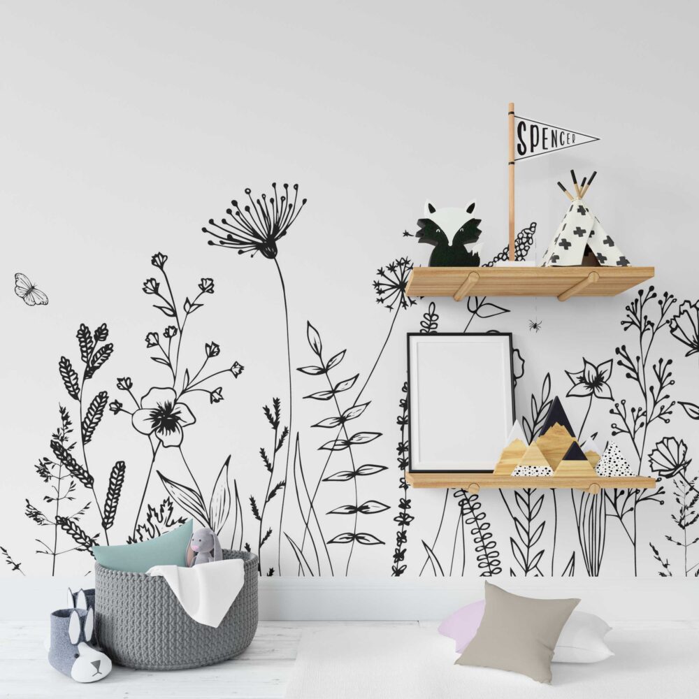 Black and White Sketch Flower Wallpaper : Wildflower Line Art Mural