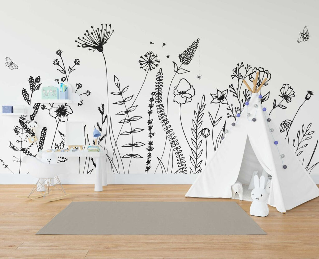 Black and White Sketch Flower Wallpaper : Wildflower Line Art Mural - View 2