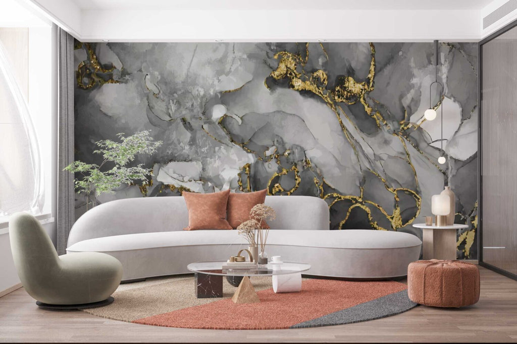 Grey Gold 3D Wallpaper : Smoky Marble Gold Filigree Mural - View 3