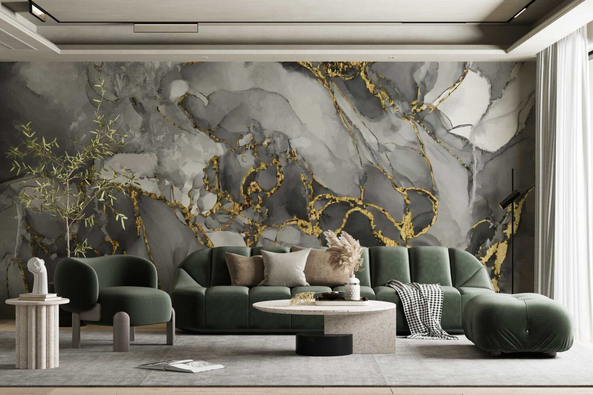 Grey Gold 3D Wallpaper : Smoky Marble Gold Filigree Mural