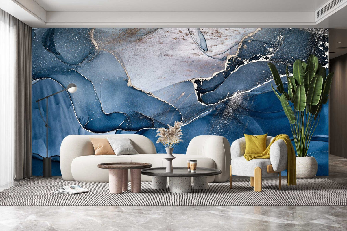 Blue and Gold Abstract Wallpaper : Navy Ink Wave Mural