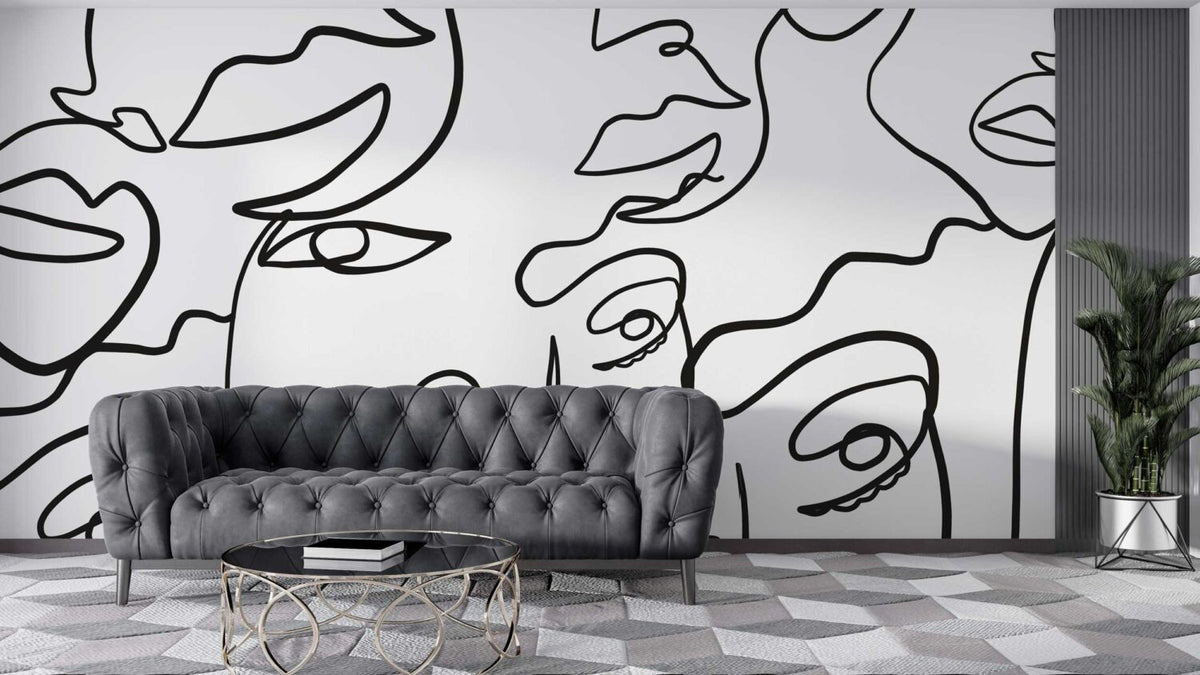Black and White Line Portrait Wallpaper : Minimal Face Art Mural - View 2