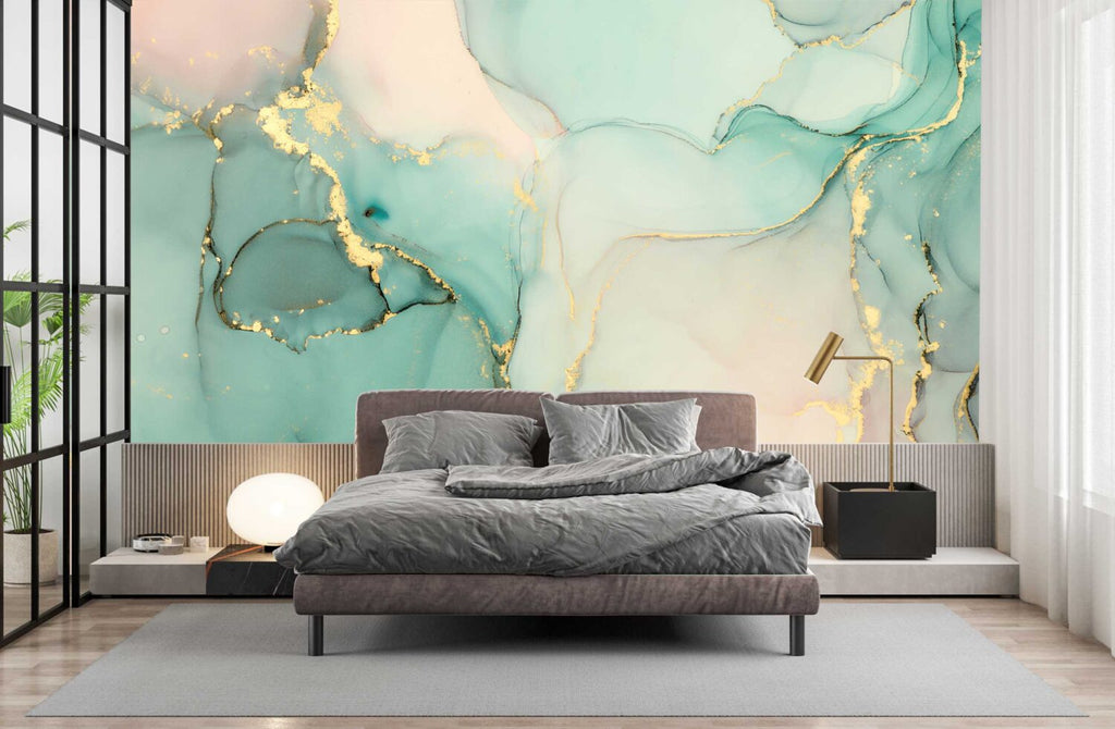 Mint Gold Marble Wallpaper : Blue and White Ink Mural