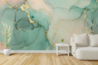 Mint Gold Marble Wallpaper : Blue and White Ink Mural - View 2