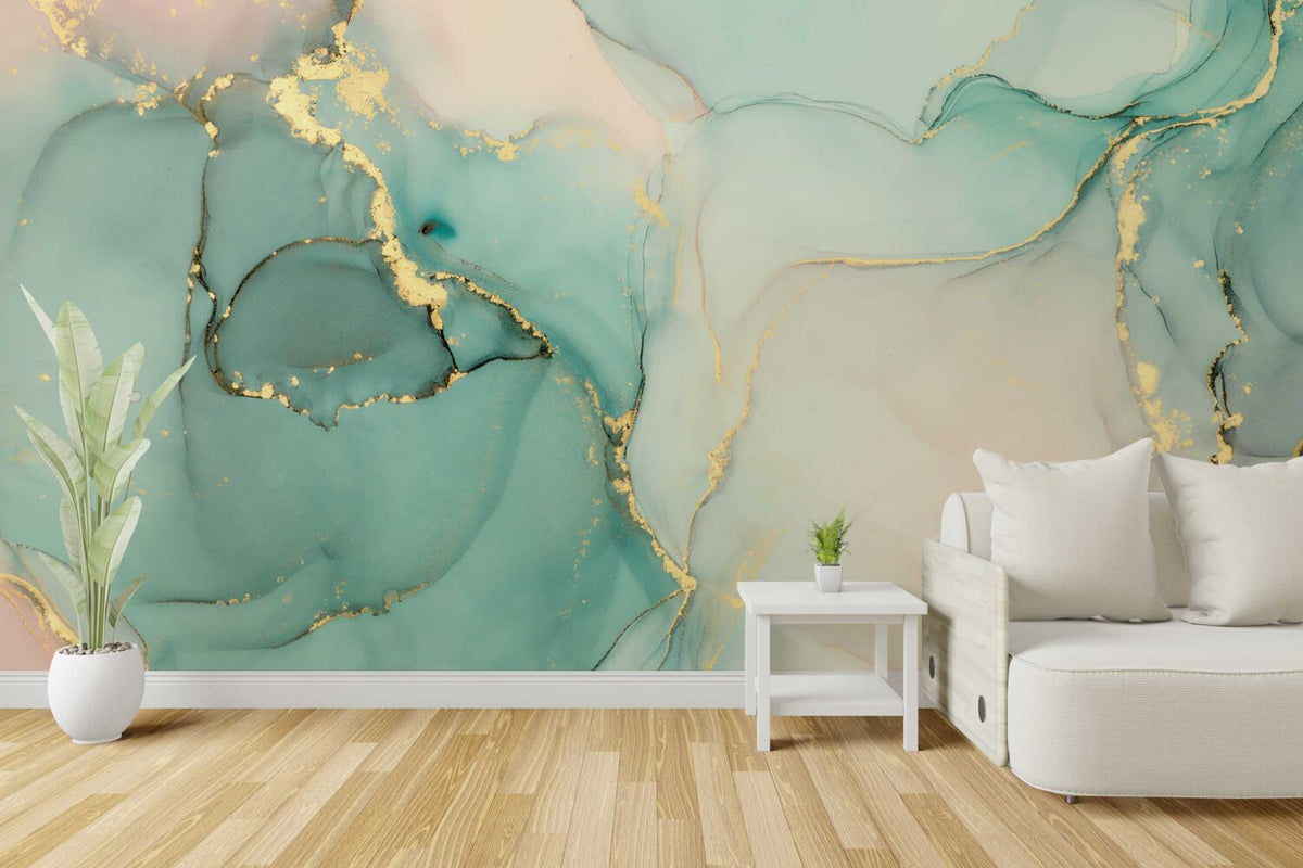 Mint Gold Marble Wallpaper : Blue and White Ink Mural - View 2