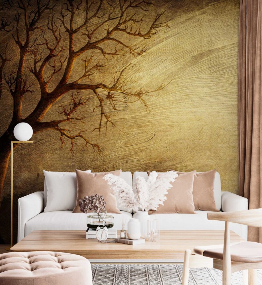 Gold Bare Tree Wallpaper : Textured Gilded Branch Mural