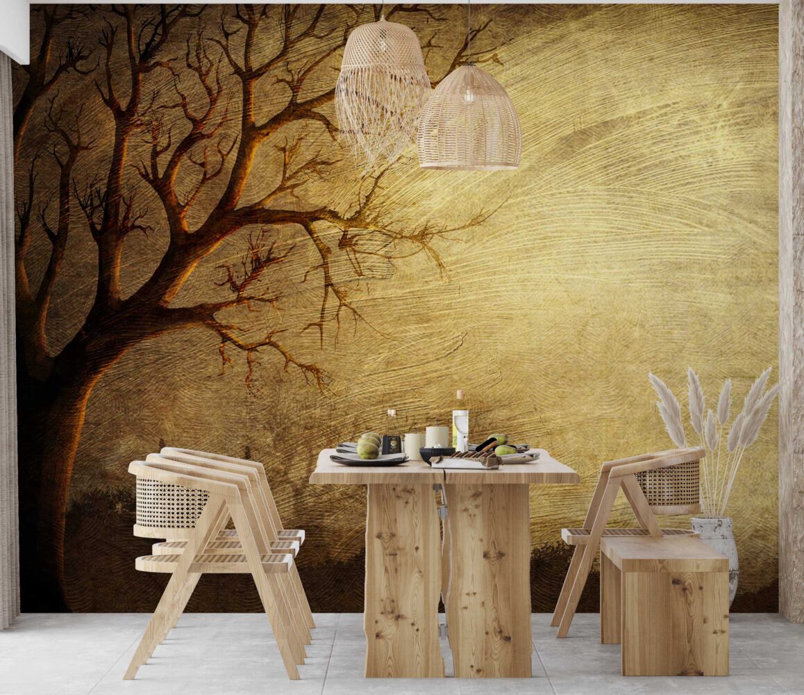 Gold Bare Tree Wallpaper : Textured Gilded Branch Mural - View 2