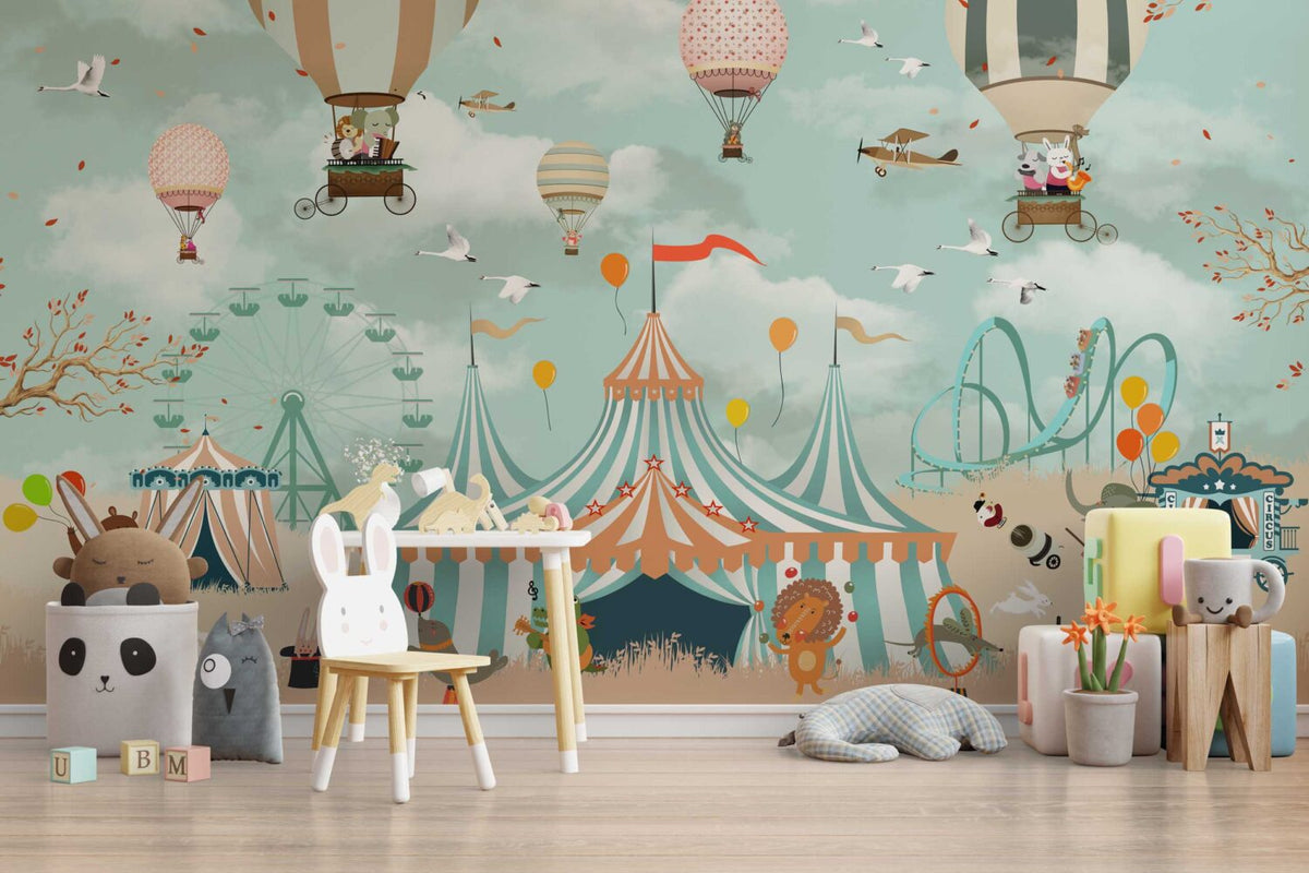 Circus Balloon Wallpaper : Carnival Tent and Swans Kids Mural - View 2