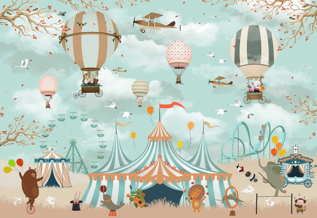 Circus Balloon Wallpaper : Carnival Tent and Swans Kids Mural - flat design