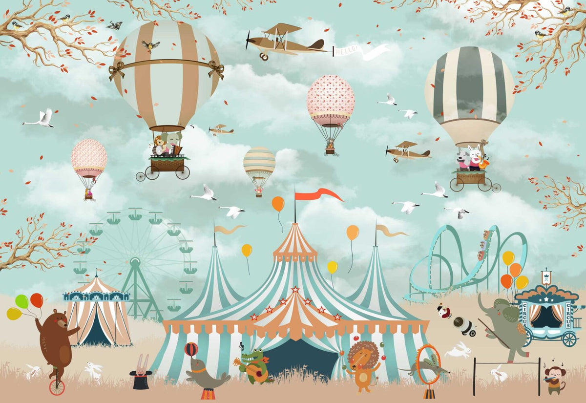 Circus Balloon Wallpaper : Carnival Tent and Swans Kids Mural - flat design