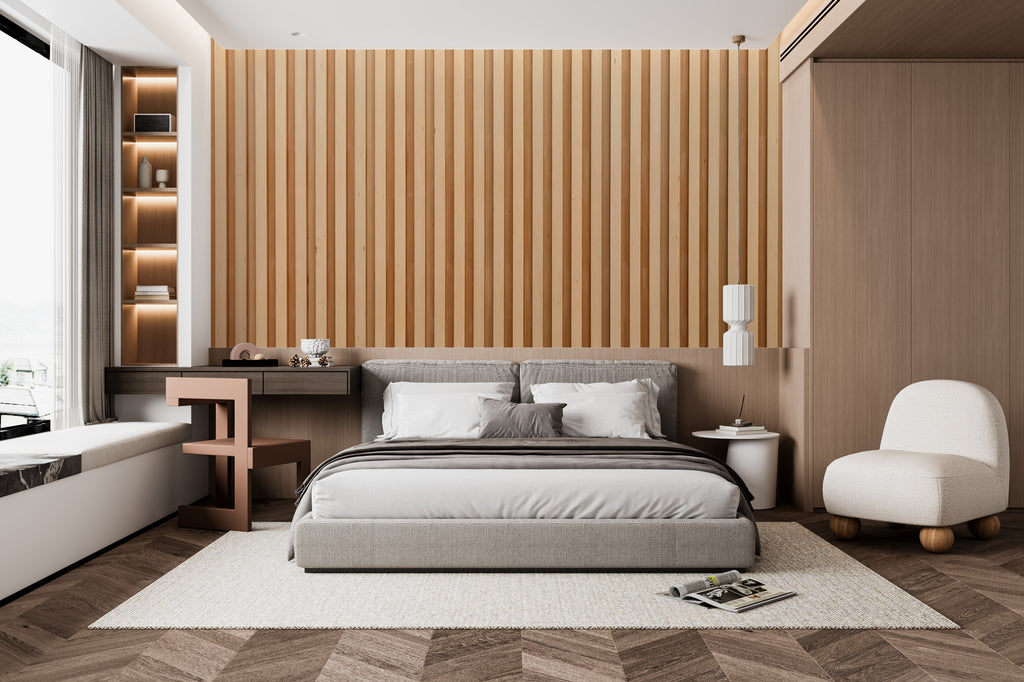 Wood Slat Wallpaper : Brown Vertical Panel Mural - View 5